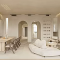 Minimalist Dining and Living Room Interior With Beige Sofa Dining Table Chairs and Fireplace