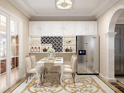 Elegant Dining and Living Room Interior Design With White Cabinets Dining Table And Chandelier 3d model