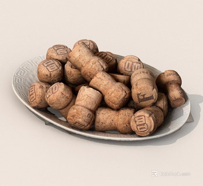 Pile of Wine Corks Arranged on Decorative Plate With Brand Logos 3d model 