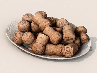 Pile of Wine Corks Arranged on Decorative Plate With Brand Logos 3d model