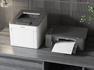Office Appliances Large White Black Printer And Small Black Printer With Printed Paper On Desk 3d model