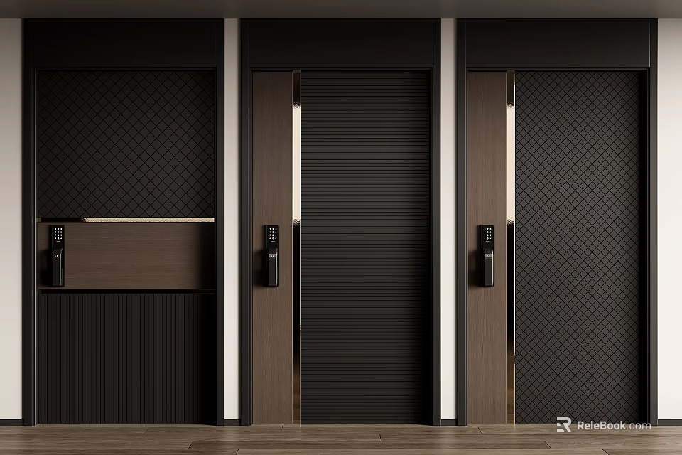 Modern Security Doors With Black Brown Wooden Frames And Electronic Locks Design 3d model