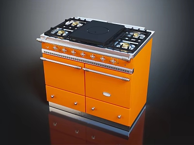 Orange Freestanding Kitchen Stove With Multiple Burners Storage Drawers And Stainless Steel Trim 3d model