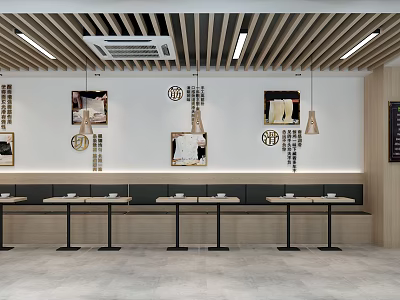 Contemporary Restaurant Kitchen Interior With Long Tables Seats Decorative Paintings And Wooden Ceiling 3d model