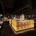 Modern Restaurant Interior With Curved Reception Desk Moon Lamp And Green Plant