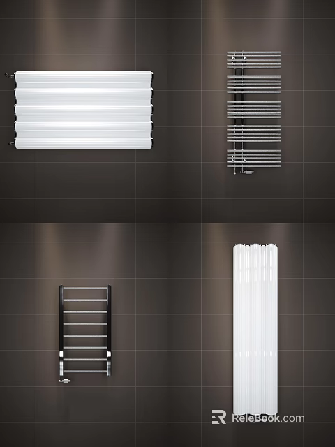 Various Modern Radiator Designs Installed On Dark Tile Bathroom Wall 3d model 