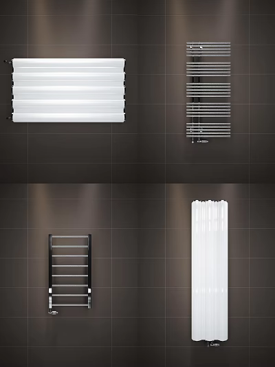 Various Modern Radiator Designs Installed On Dark Tile Bathroom Wall 3d model