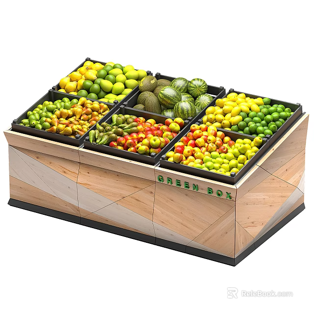 Wooden Fresh Box Display Case with Assorted Fresh Fruits Lemons Watermelons and Grapes 3d model 