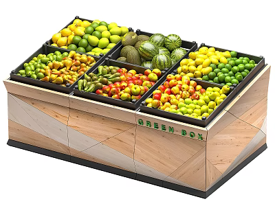 Wooden Fresh Box Display Case with Assorted Fresh Fruits Lemons Watermelons and Grapes 3d model