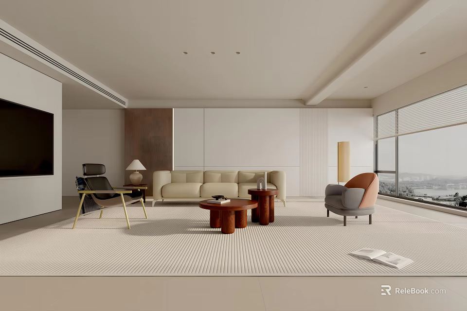 Modern Living Room Interior With Beige Sofa Wooden Coffee Tables Gray Armchair And Large Windows 3d model 