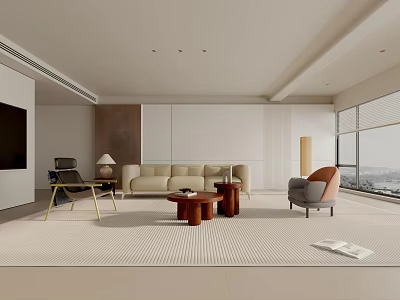 Modern Living Room Interior With Beige Sofa Wooden Coffee Tables Gray Armchair And Large Windows 3d model