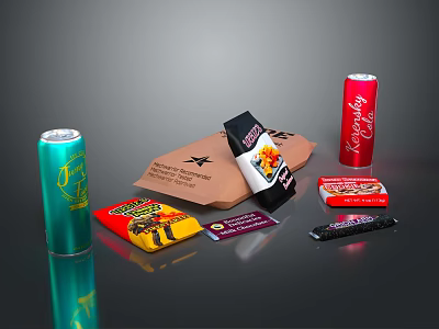 Assorted Food Snacks Including Chocolate Bars Potato Chips and Soda Cans in Colorful Packaging 3d model