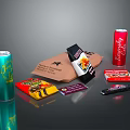 Assorted Food Snacks Including Chocolate Bars Potato Chips and Soda Cans in Colorful Packaging