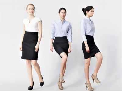 Three Women In Professional Shirts Skirts And Heels 3d model
