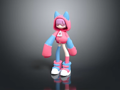 Cute 3D Cartoon Game Character With Pink Hoodie Blue Ears Pink Gloves And Shoes 3d model