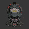 Futuristic Mechanical Helmet With Intricate Components Pipes Stickers And Display Screen