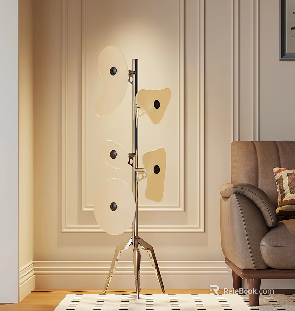 Modern Floor Lamp With Irregular Panels And Metal Stand Next To Leather Sofa 3d model 