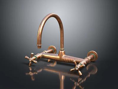 Vintage Copper Faucet With Curved Spout And Cross Handles Design 3d model