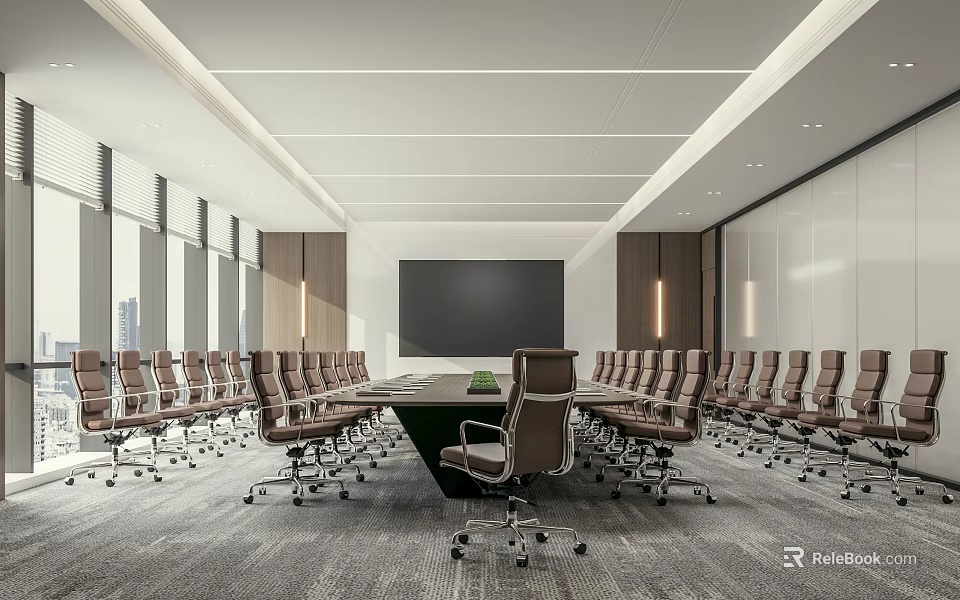 Modern Conference Room Interior With Long Meeting Table Ergonomic Chairs And Large Screen 3d model 