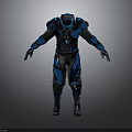 Futuristic Armored Character In Blue And Black Sci Fi Armor Standing Pose
