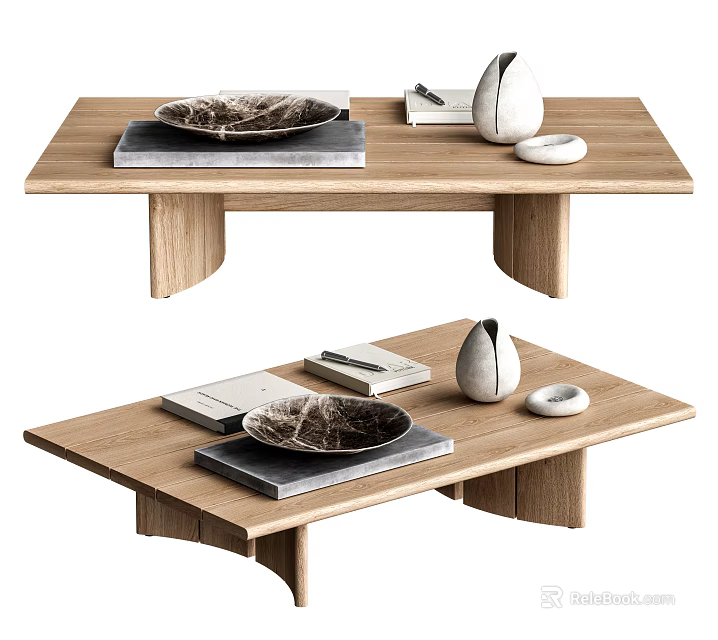 Modern Wooden Coffee Table with Minimalist Design Marble Bowl Vase and Books 3d model 