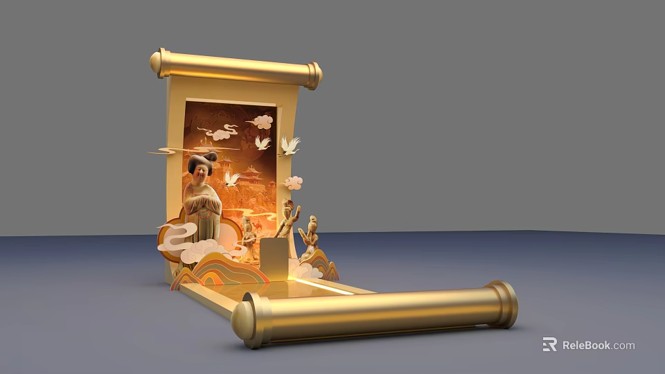 Chinese Traditional Art Installation with Golden Scroll Ancient Figures Cranes and Clouds 3d model 