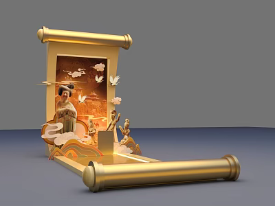 Chinese Traditional Art Installation with Golden Scroll Ancient Figures Cranes and Clouds 3d model