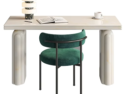 Cream Colored Desk With Open Book White Coffee Cup Stacked Decorative Objects And Green Chair 3d model