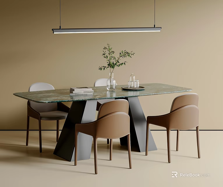 Minimalist Dining Table And Beige Chairs With Marble Top Black Legs And Green Plant 3d model 