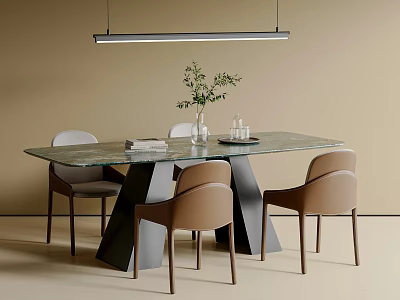 Minimalist Dining Table And Beige Chairs With Marble Top Black Legs And Green Plant 3d model