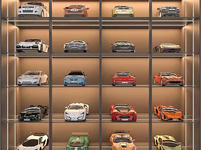 Assorted Cars Showcased On Multi Layer Display Shelves 3d model