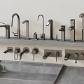Modern Metal Faucets Displayed on Shelf with Water Flow and Sink