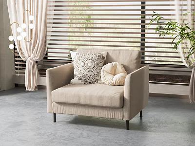 Stylish Beige Single Sofa With Decorative And Round Pillows By Window Blinds And Curtains 3d model