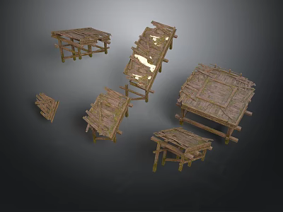 Worn Wooden Table And Chair Components For Scene Design And Decoration 3d model
