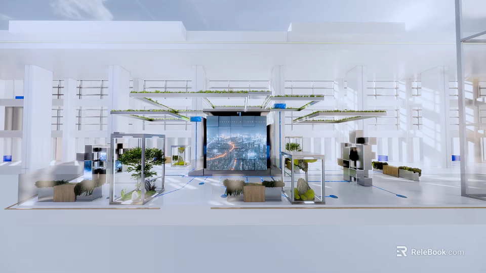 Modern Exhibition Booth Design With Open Layout Green Plants And Digital Screens 3d model 