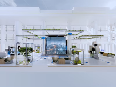 Modern Exhibition Booth Design With Open Layout Green Plants And Digital Screens 3d model