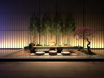 Japanese Zen Tea Table And Chairs Surrounded By Bamboo Trees Cherry Blossom And Tatami 3d model