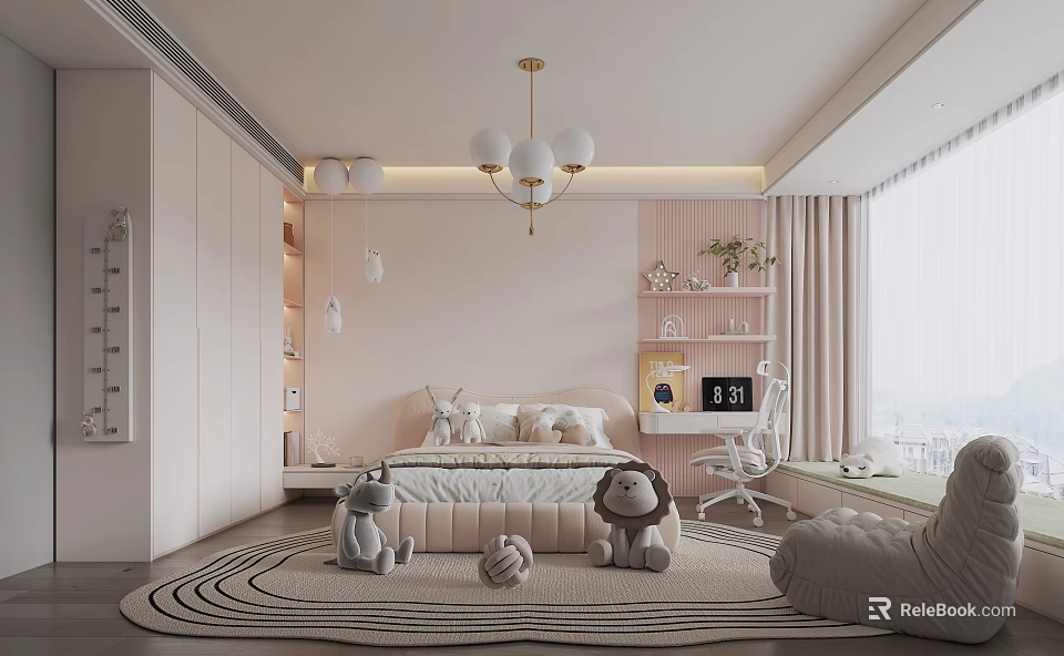 Kids Room Interior Design With Pastel Pink Walls Chandelier Stuffed Animals Striped Rug And Shelves 3d model 