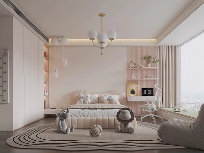 Kids Room Interior Design With Pastel Pink Walls Chandelier Stuffed Animals Striped Rug And Shelves 3d model