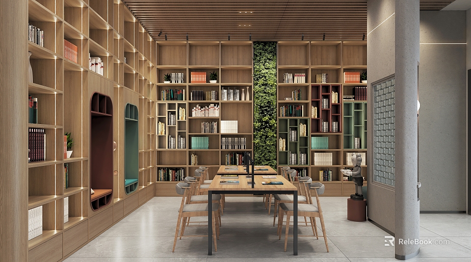 Stylish Book Art Interior Space With Wooden Bookshelves Green Plant Wall And Reading Tables 3d model 