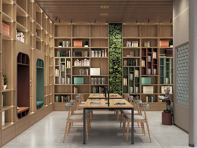 Stylish Book Art Interior Space With Wooden Bookshelves Green Plant Wall And Reading Tables 3d model