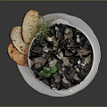 Fresh Mussels Served With Garlic Bread And Basil Leaves On White Plate