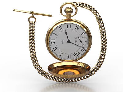 Vintage Gold Pocket Watch With Open Case Roman Numeral Dial And Chain 3d model