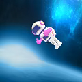 Smart Robot With White Body And Pink Arms Standing Against Space Galaxy Background