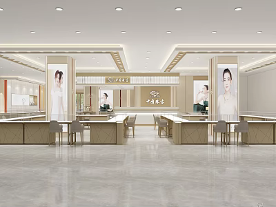 Elegant Jewelry Store in Shopping Mall with Glass Display Counters Model Posters and Modern Lighting 3d model