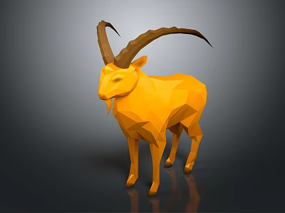 Low Poly Style Orange Goat With Long Horns Standing On Dark Background 3d model