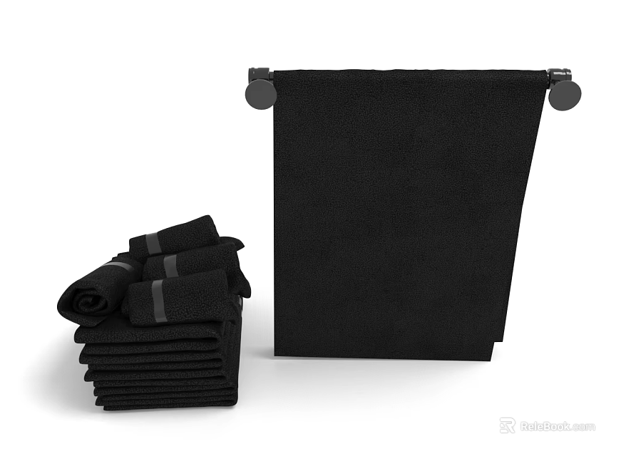 Soft Black Towels Stacked And Hanging On Metal Towel Rack For Home Bathroom 3d model 