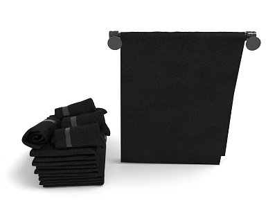 Soft Black Towels Stacked And Hanging On Metal Towel Rack For Home Bathroom 3d model