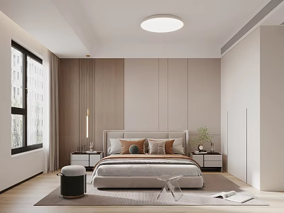 Modern Bedroom Interior Design With Bed Pillows Nightstands Lamp Curtains And Round Ceiling Light 3d model