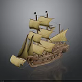 Classic Wooden Sailing Ship Model With Yellow Sails And Tall Masts